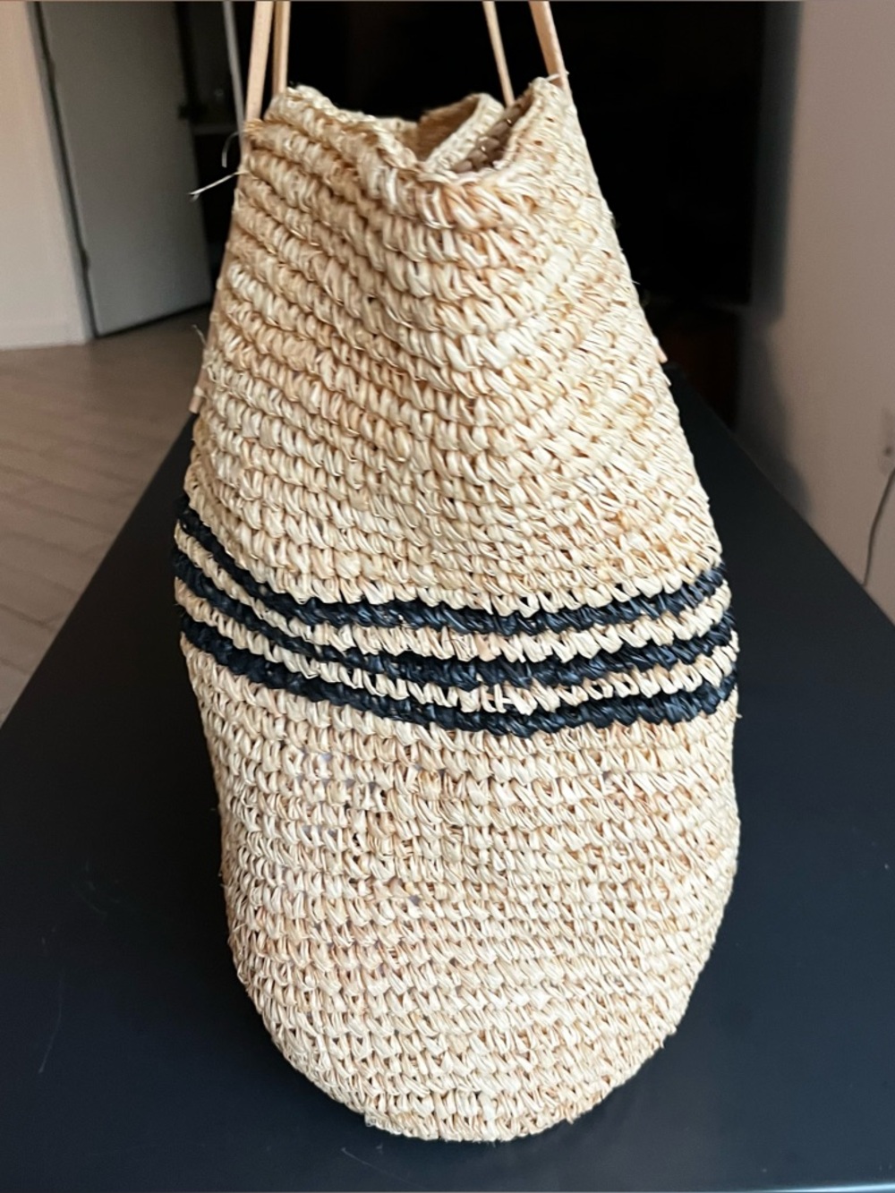 Hat Attack Luxe Stripe Tote 100% Raffia Natural/Black LARGE Summer Beach Boho - Picture 6 of 12
